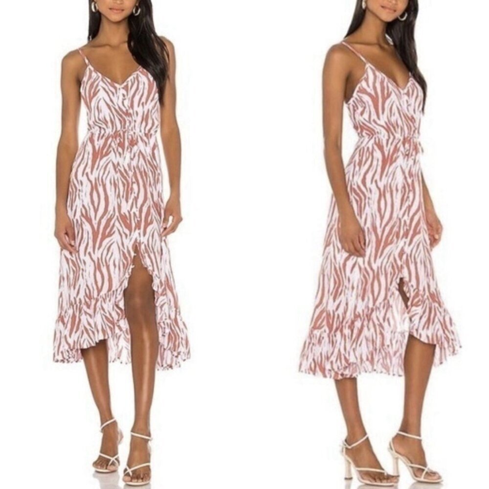 Rails Frida Rust Zebra Midi Dress Sleeveless Ruffle Front Tie Waist Women’s L